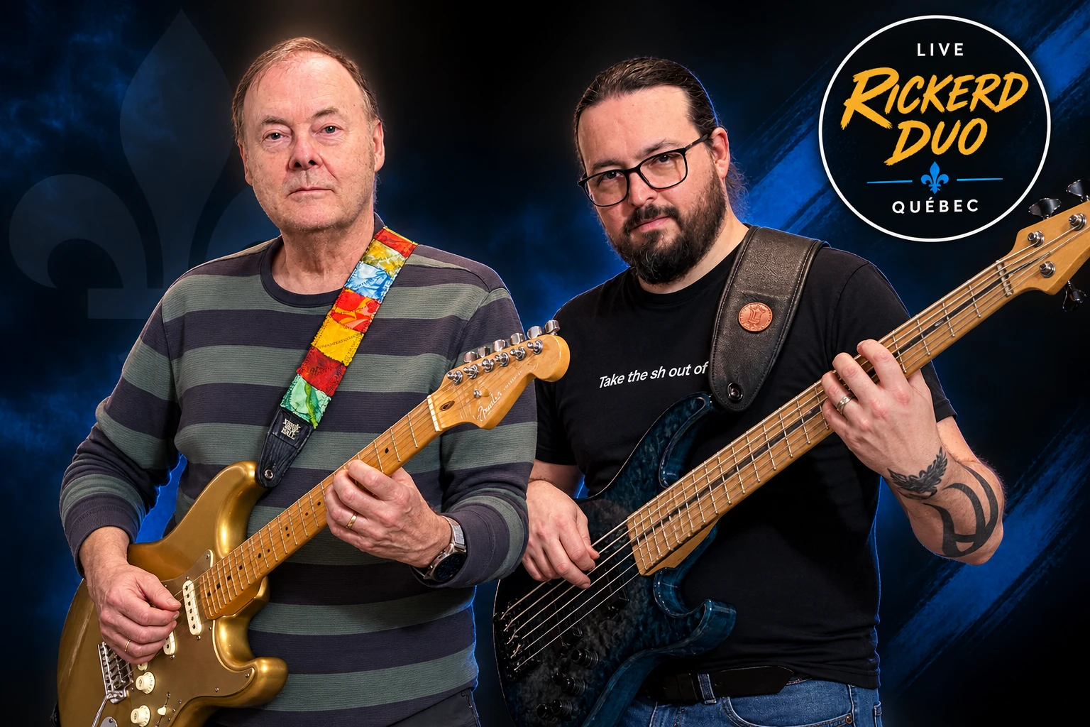 Bruce Rickerd with electric guitar and Sean Rickerd with bass guitar